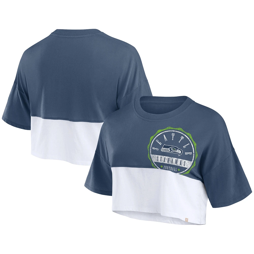 T-shirt court fendu de couleur carrée des Seattle Seahawks Fanatics College pour femmes, bleu marine/blanc