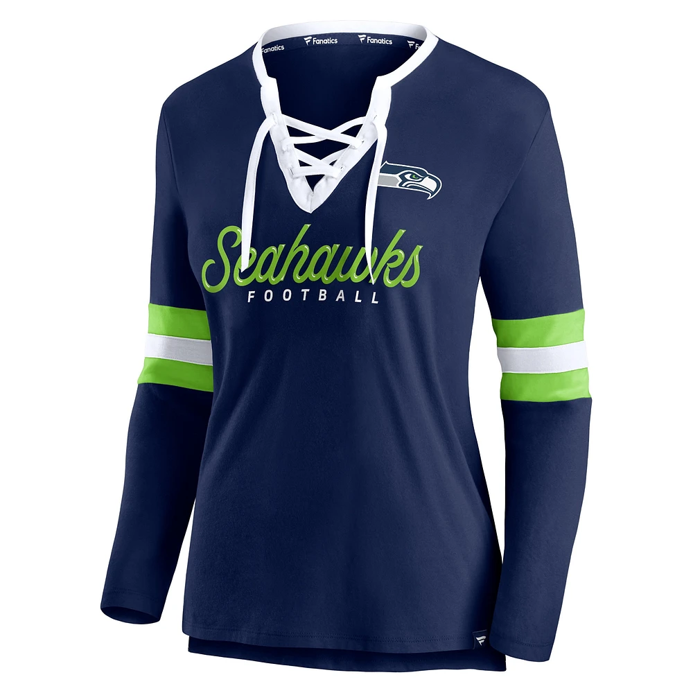 Women's Fanatics College Navy Seattle Seahawks Block Party Team Script Lace-Up Long Sleeve T-Shirt