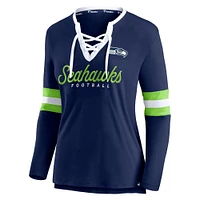 Women's Fanatics College Navy Seattle Seahawks Block Party Team Script Lace-Up Long Sleeve T-Shirt