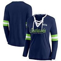 T-shirt à manches longues lacets Fanatics College Navy Seattle Seahawks Block Party Team Script pour femmes