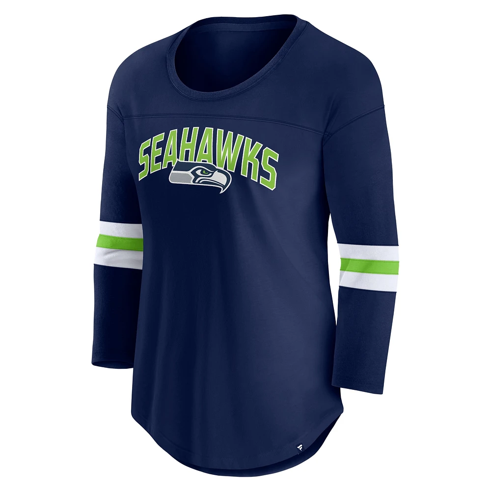 Women's Fanatics College Navy Seattle Seahawks First Team Arch Logo 3/4 Sleeve T-Shirt