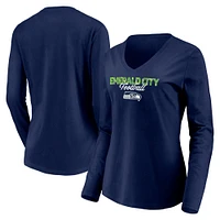 T-shirt à manches longues et col en V très apprécié des Seattle Seahawks Fanatics College Navy pour femmes