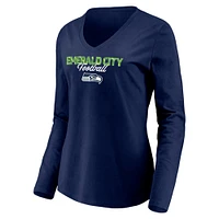 T-shirt à manches longues et col en V très apprécié des Seattle Seahawks Fanatics College Navy pour femmes