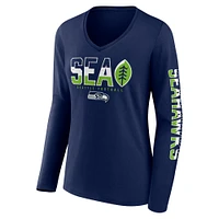 T-shirt à manches longues et col en V pour femme Fanatics College Navy Seattle Seahawks Hometown Sweep