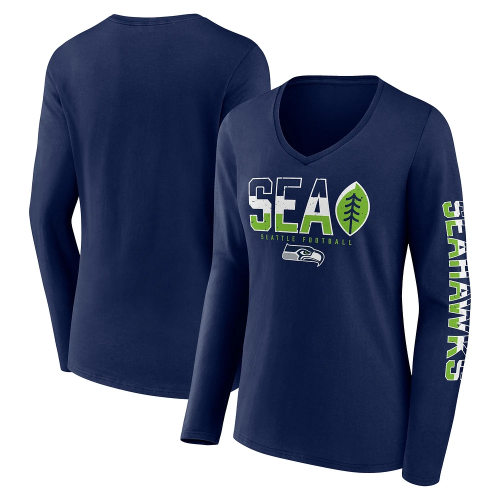 T-shirt à manches longues et col en V pour femme Fanatics College Navy Seattle Seahawks Hometown Sweep