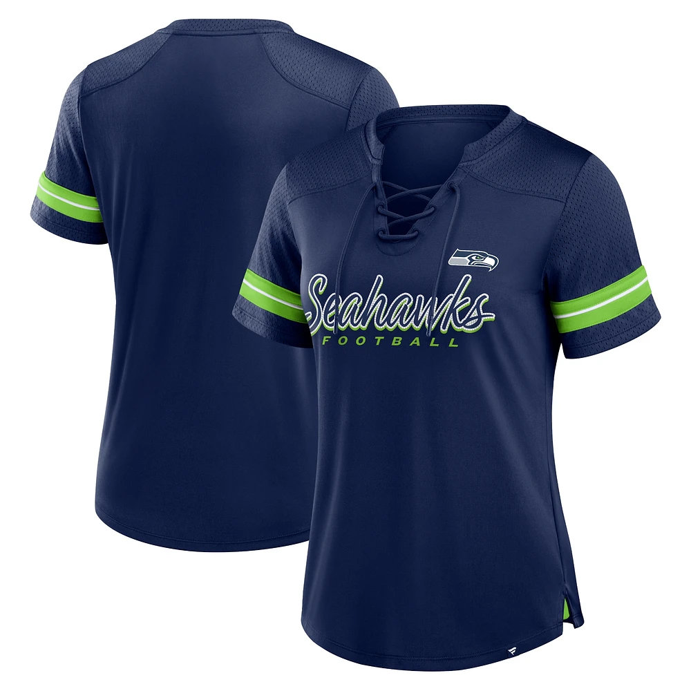 Women's Fanatics College Navy Seattle Seahawks Play Script Lace-Up T-Shirt