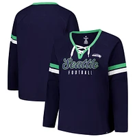 T-shirt à manches longues et col en V lacets Won & Done pour femme Fanatics College Navy Seattle Seahawks grande taille