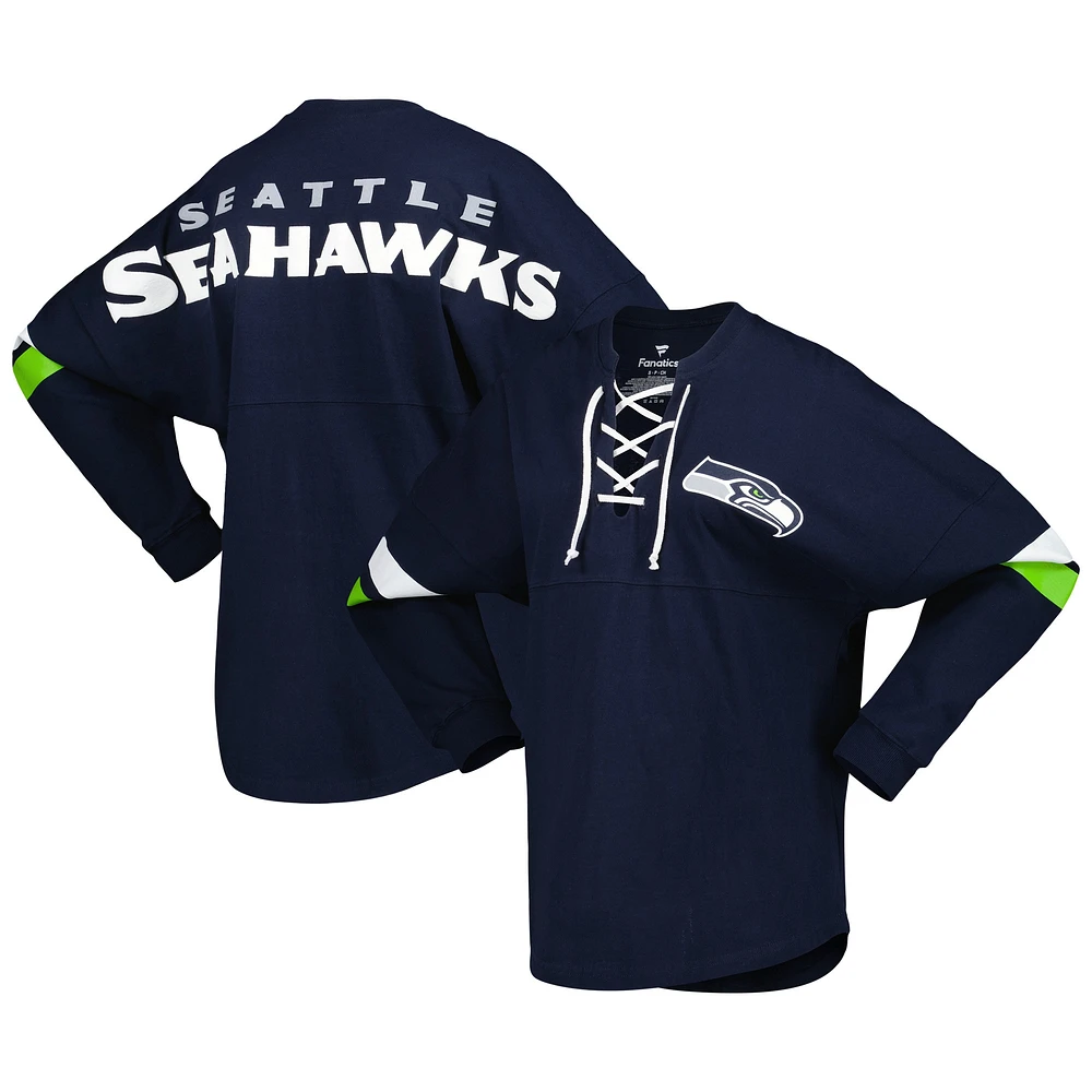 Women's Fanatics College Navy Seattle Seahawks Spirit Jersey Lace-Up V-Neck Long Sleeve T-Shirt