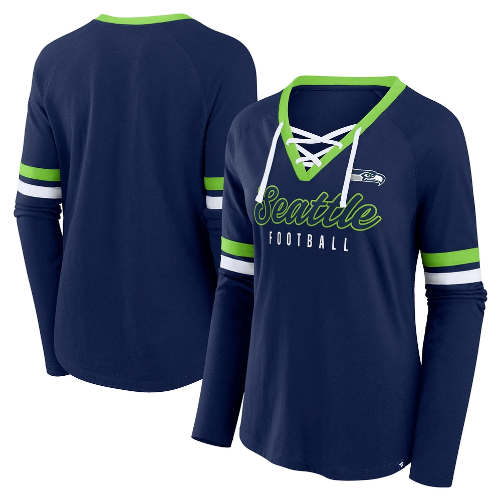 Women's Fanatics College Navy Seattle Seahawks Won and Done Lace-Up Long Sleeve Fashion Top