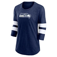 T-shirt à manches 3/4 et col rond avec logo principal des Seattle Seahawks Fanatics Heathered College Navy pour femmes