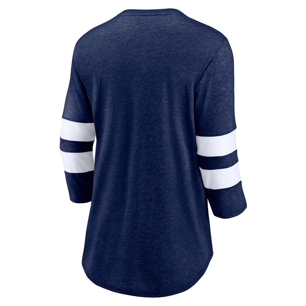 T-shirt à manches 3/4 et col rond avec logo principal des Seattle Seahawks Fanatics Heathered College Navy pour femmes