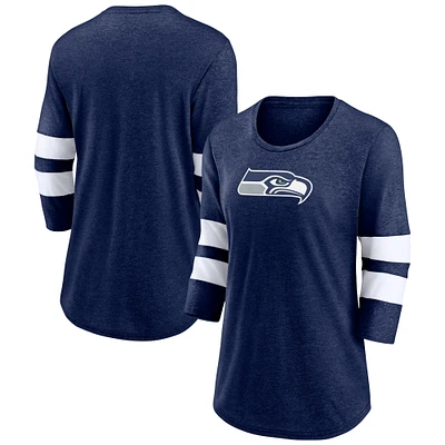 T-shirt à manches 3/4 et col rond avec logo principal des Seattle Seahawks Fanatics Heathered College Navy pour femmes