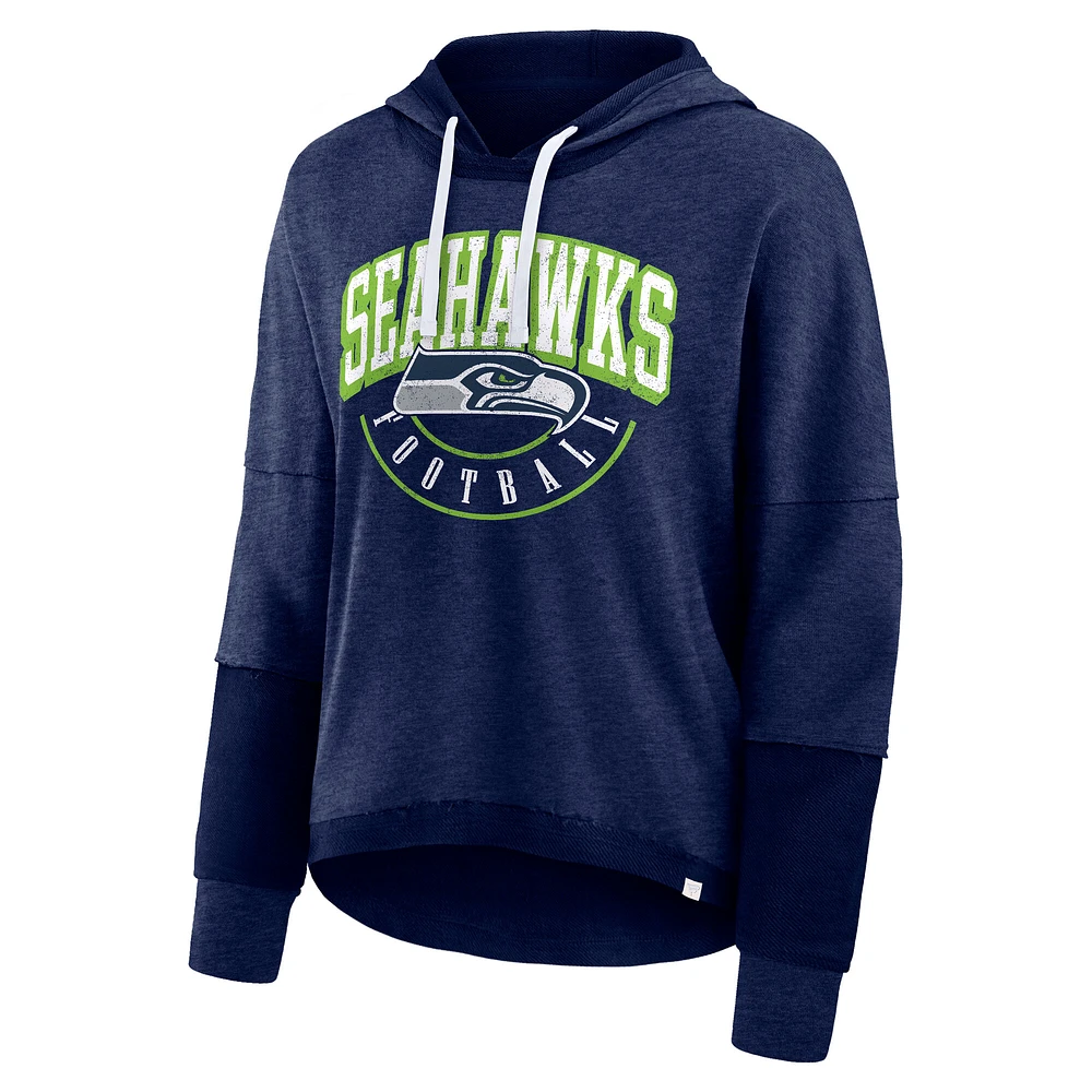 Women's Fanatics Navy Seattle Seahawks Lightewight Modest Crop Lounge Helmet Arch Pullover Hoodie