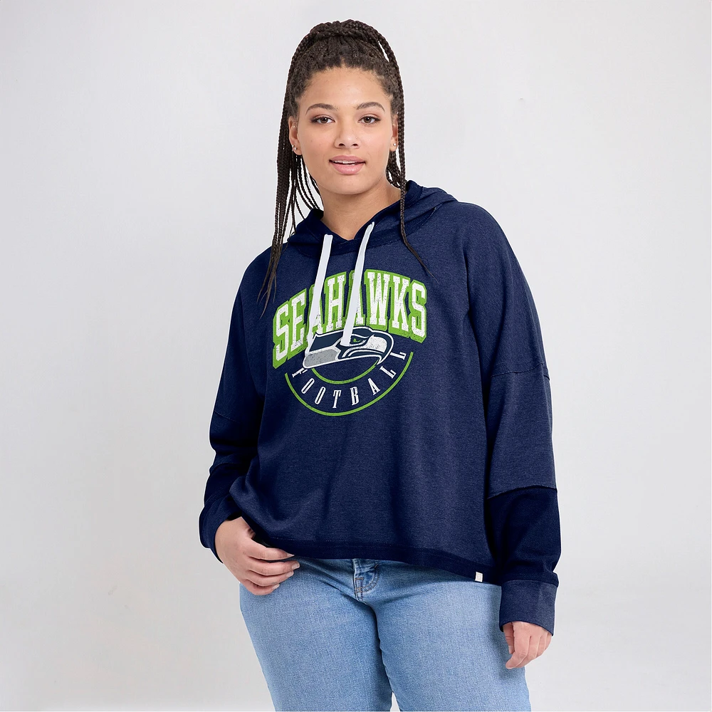 Women's Fanatics Navy Seattle Seahawks Lightewight Modest Crop Lounge Helmet Arch Pullover Hoodie