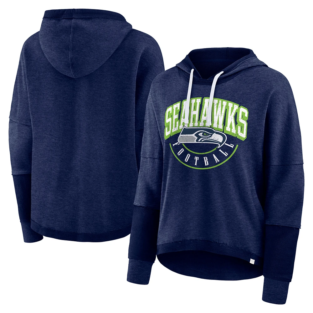 Women's Fanatics Navy Seattle Seahawks Lightewight Modest Crop Lounge Helmet Arch Pullover Hoodie