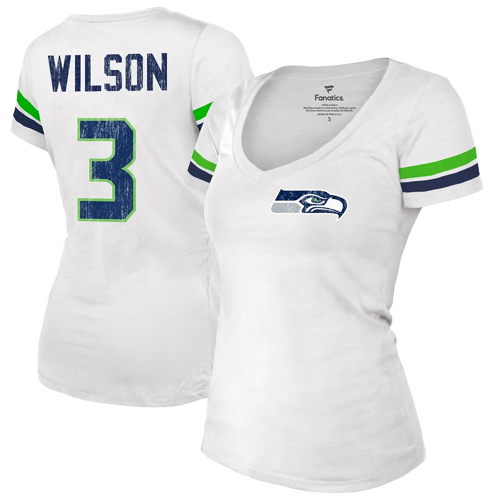 T-shirt blanc à col en V avec nom et numéro de joueur mode des Seattle Seahawks marque Russell Wilson fanatiques pour femmes