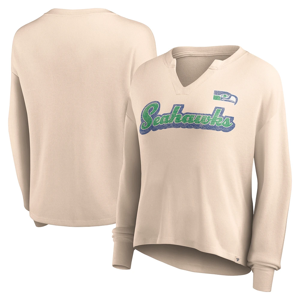 Women's Fanatics Tan Seattle Seahawks Go For It Notch Neck Waffle Knit Lightweight Long Sleeve T-Shirt