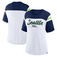 Haut court tendance Fanatics pour femme, blanc/bleu marine universitaire, Seattle Seahawks Cheer Chant