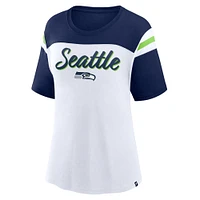 Haut court tendance Fanatics pour femme, blanc/bleu marine universitaire, Seattle Seahawks Cheer Chant