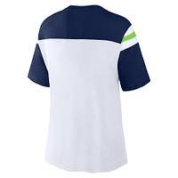 Haut court tendance Fanatics pour femme, blanc/bleu marine universitaire, Seattle Seahawks Cheer Chant