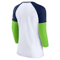 Women's Fanatics White/College Navy Seattle Seahawks Iconic Colorblock Raglan Three-Quarter Sleeve T-Shirt