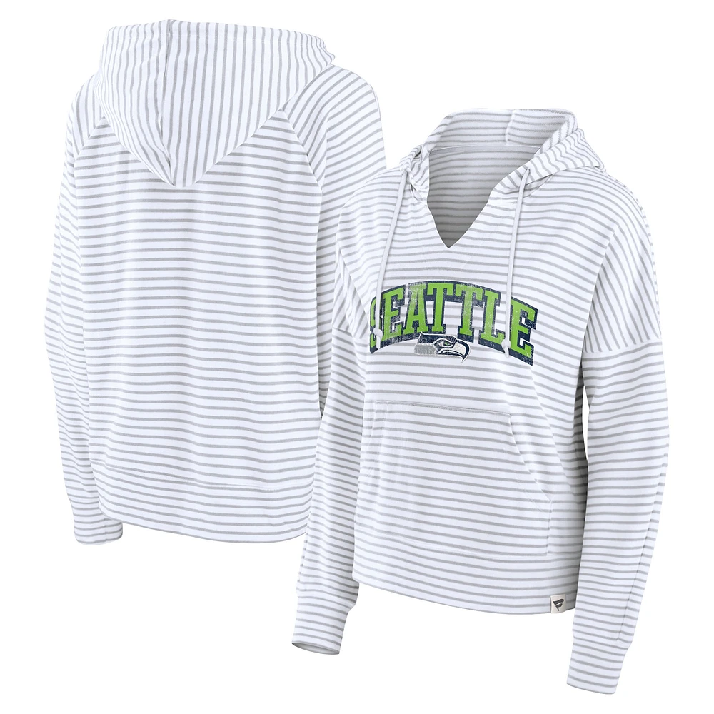 Women's Fanatics White/Gray Seattle Seahawks Striped Notch Neck Pullover Hoodie