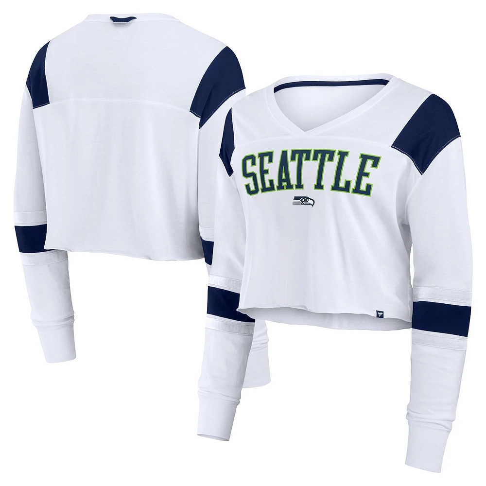 T-shirt à manches longues extensible et court pour femme Fanatics des Seattle Seahawks blanc