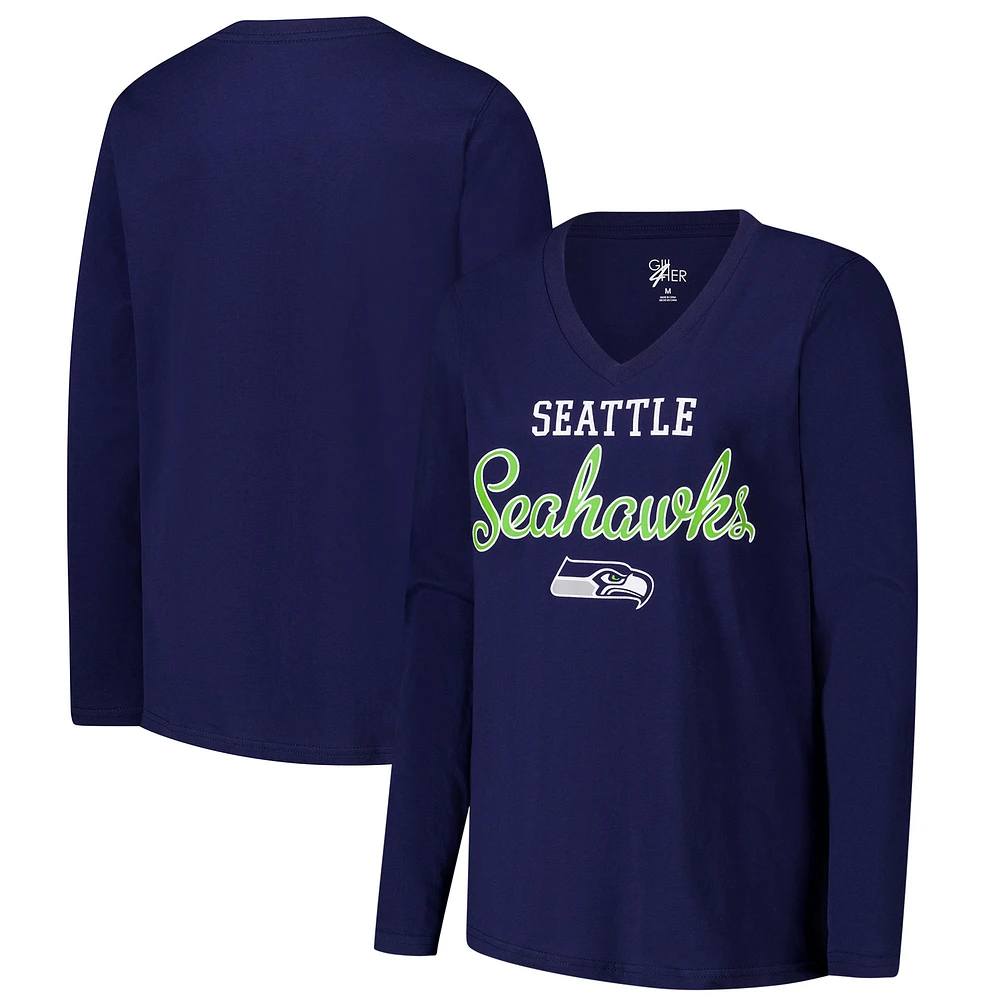 T-shirt à manches longues et col en V pour femme G-III 4Her by Carl Banks College Navy Seattle Seahawks