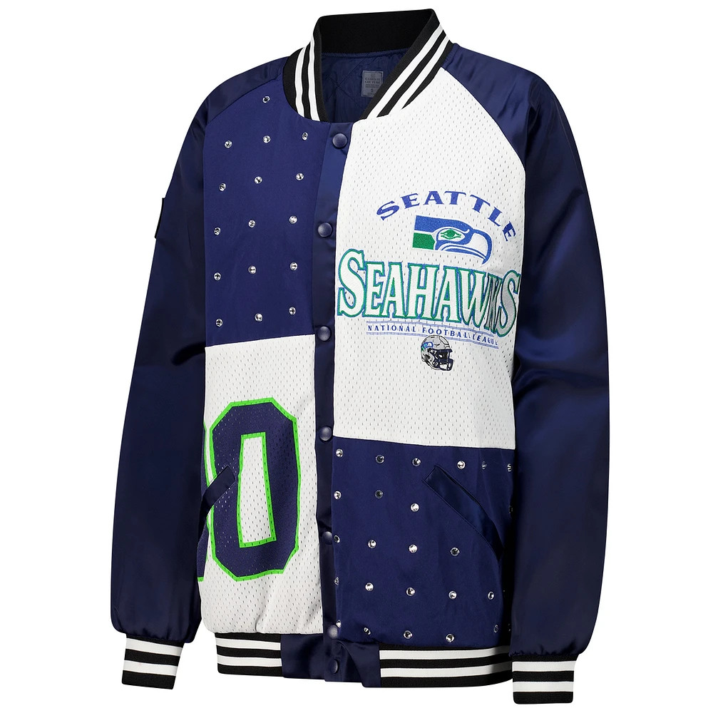 Veste bomber surdimensionnée à boutons-pression et strass pour femme Gameday Couture College Navy/White Seattle Seahawks