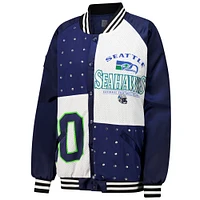 Women's Gameday Couture  College Navy/White Seattle Seahawks Oversized Hot Shot Rhinestone Throwback Full-Snap Varsity Bomber Jacket