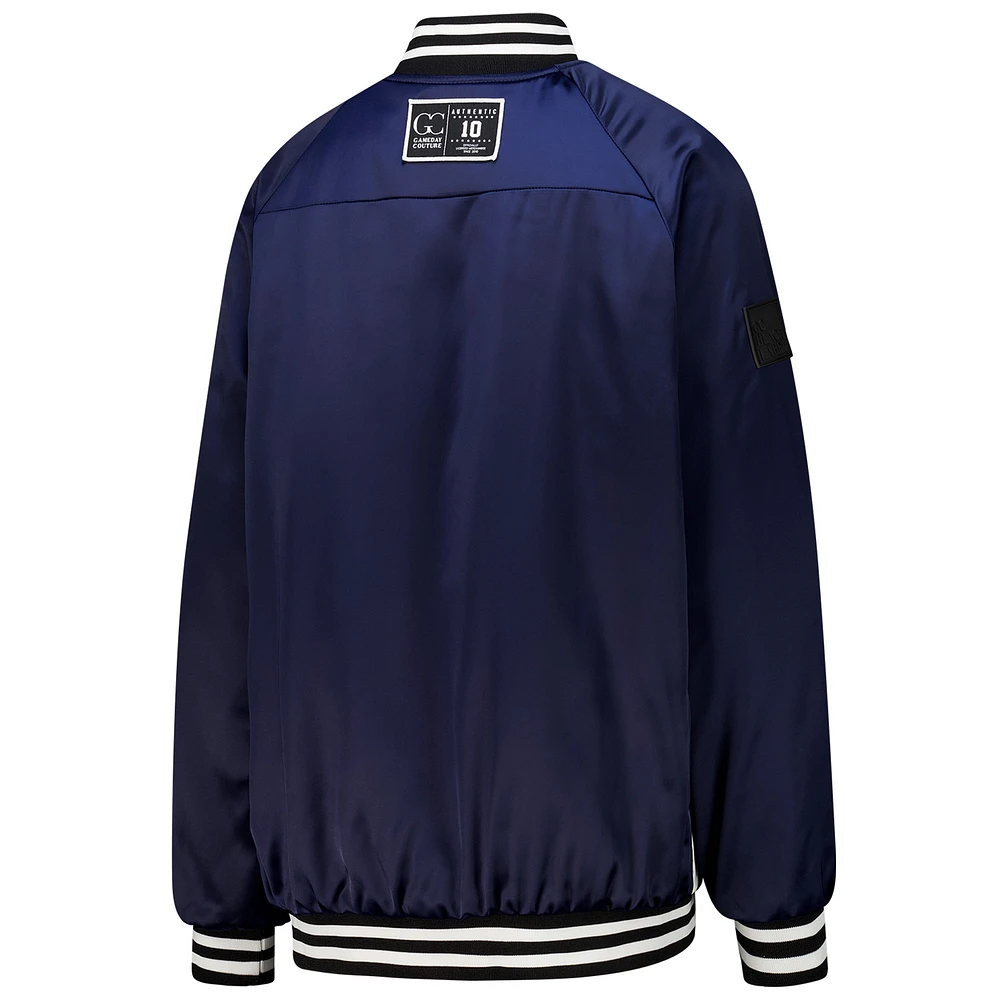 Women's Gameday Couture  College Navy/White Seattle Seahawks Oversized Hot Shot Rhinestone Throwback Full-Snap Varsity Bomber Jacket