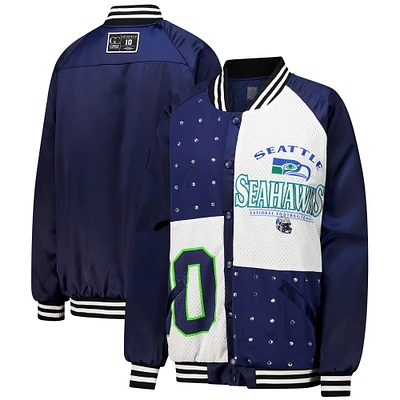 Veste bomber surdimensionnée à boutons-pression et strass pour femme Gameday Couture College Navy/White Seattle Seahawks