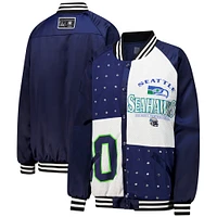 Women's Gameday Couture  College Navy/White Seattle Seahawks Oversized Hot Shot Rhinestone Throwback Full-Snap Varsity Bomber Jacket