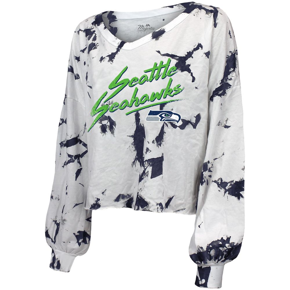 Women's Majestic Threads DK Metcalf White Seattle Seahawks Off-Shoulder Tie-Dye Name & Number Long Sleeve V-Neck Crop-Top T-Shirt