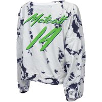 Women's Majestic Threads DK Metcalf White Seattle Seahawks Off-Shoulder Tie-Dye Name & Number Long Sleeve V-Neck Crop-Top T-Shirt