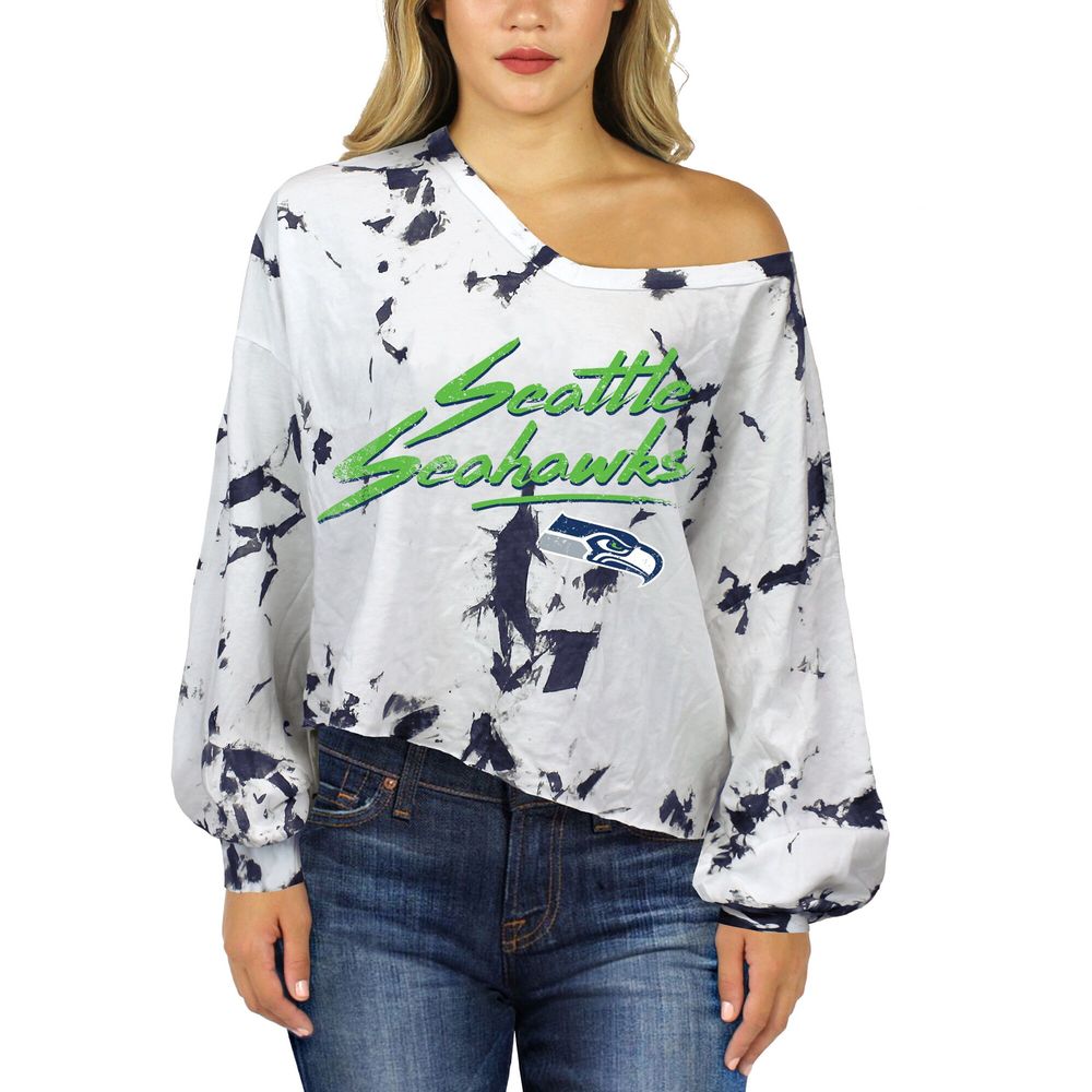 Women's Majestic Threads DK Metcalf White Seattle Seahawks Off-Shoulder Tie-Dye Name & Number Long Sleeve V-Neck Crop-Top T-Shirt