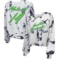 Women's Majestic Threads DK Metcalf White Seattle Seahawks Off-Shoulder Tie-Dye Name & Number Long Sleeve V-Neck Crop-Top T-Shirt