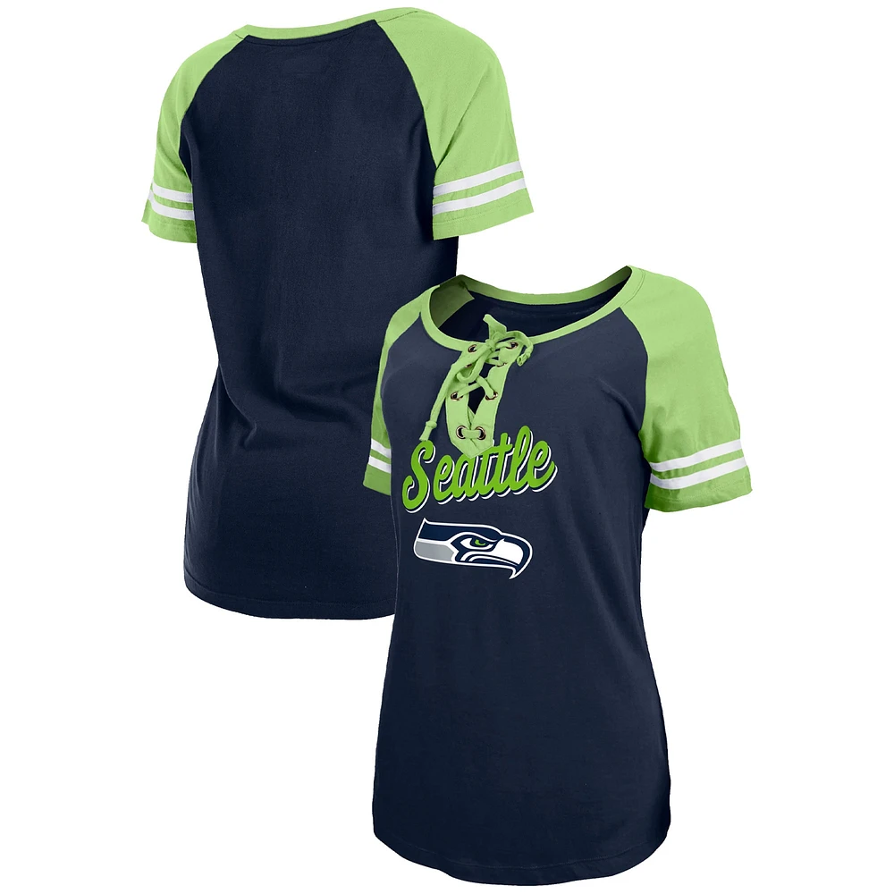 T-shirt raglan léger à lacets Seattle Seahawks New Era pour femme, bleu marine universitaire/vert fluo