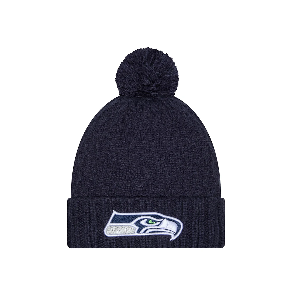 Bonnet en tricot épais à revers avec pompon pour femme New Era College Navy Seattle Seahawks Active