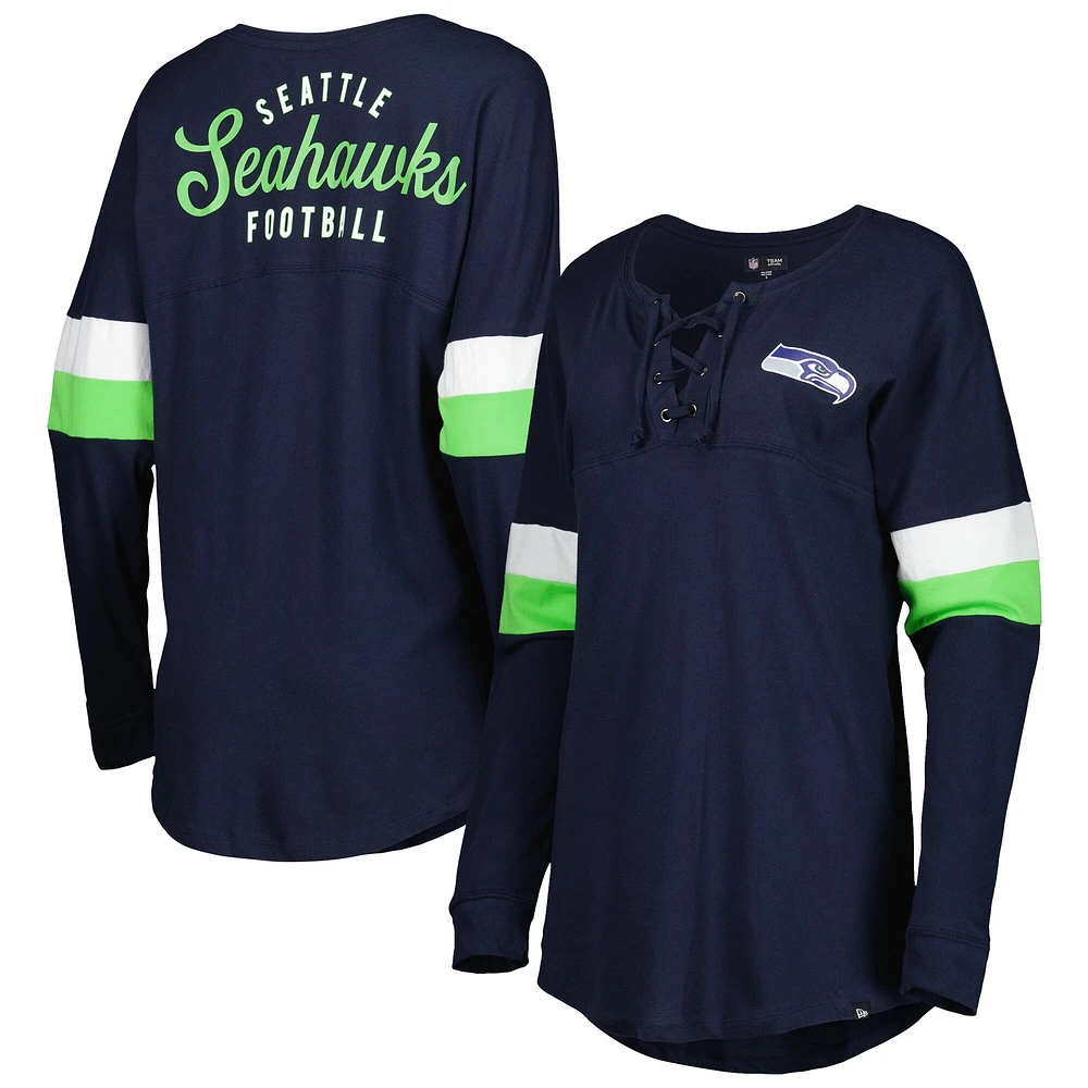 Women's New Era College Navy Seattle Seahawks Athletic Varsity Lightweight Lace-Up Long Sleeve T-Shirt