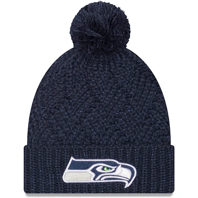 Bonnet en tricot à revers vif Seattle Seahawks New Era pour femme, bleu marine, avec pompon