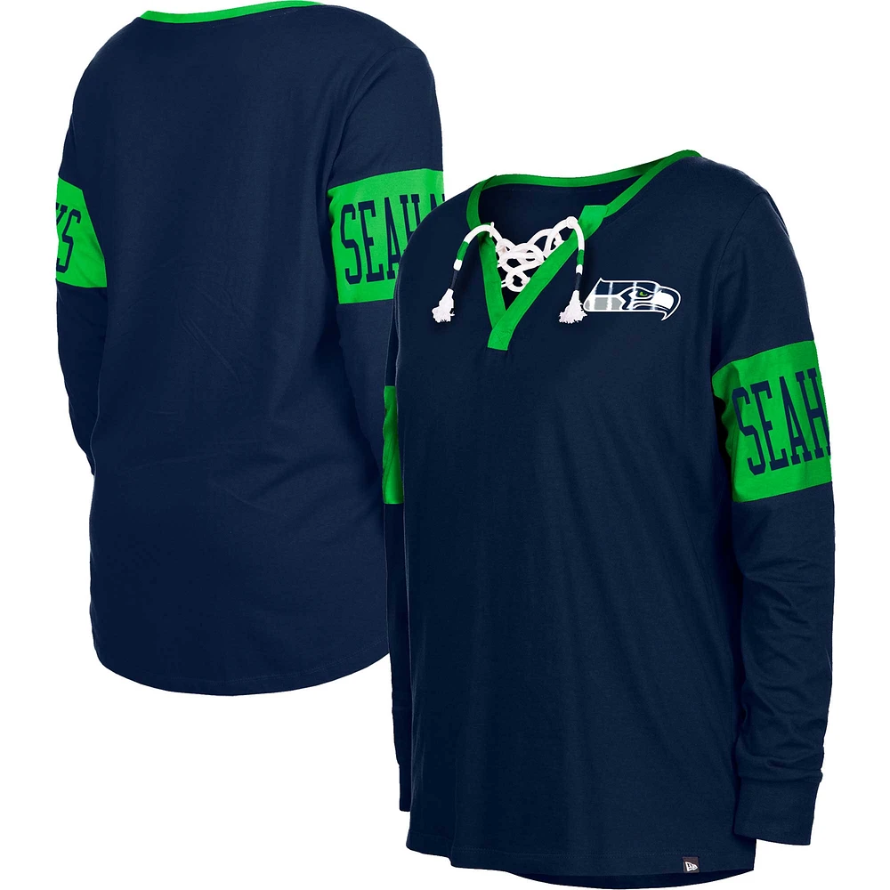 Women's New Era College Navy Seattle Seahawks Lace-Up Notch Neck Long Sleeve T-Shirt