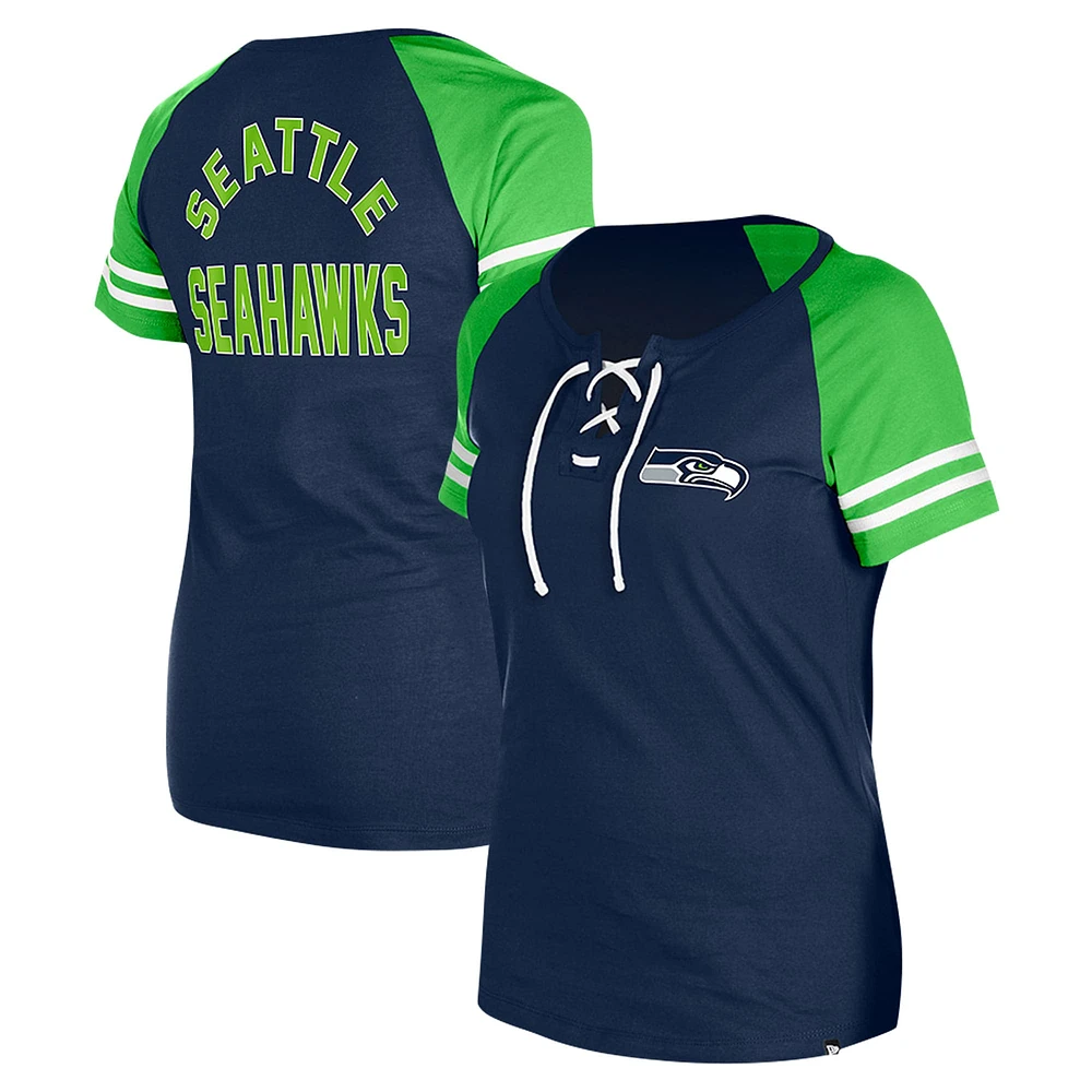 Women's New Era College Navy Seattle Seahawks  Lace-Up Raglan T-Shirt