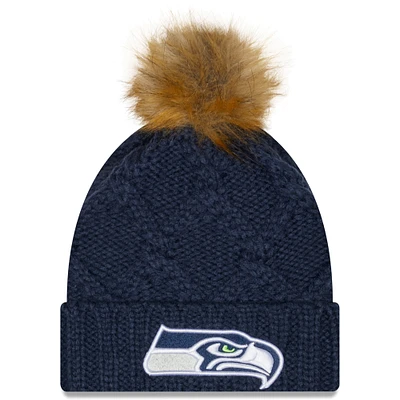 Bonnet en tricot à revers de luxe Seattle Seahawks New Era pour femme, bleu marine universitaire, avec pompon