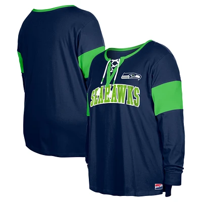 T-shirt à manches longues et col cranté lacets pour femme New Era College Navy Seattle Seahawks grande taille