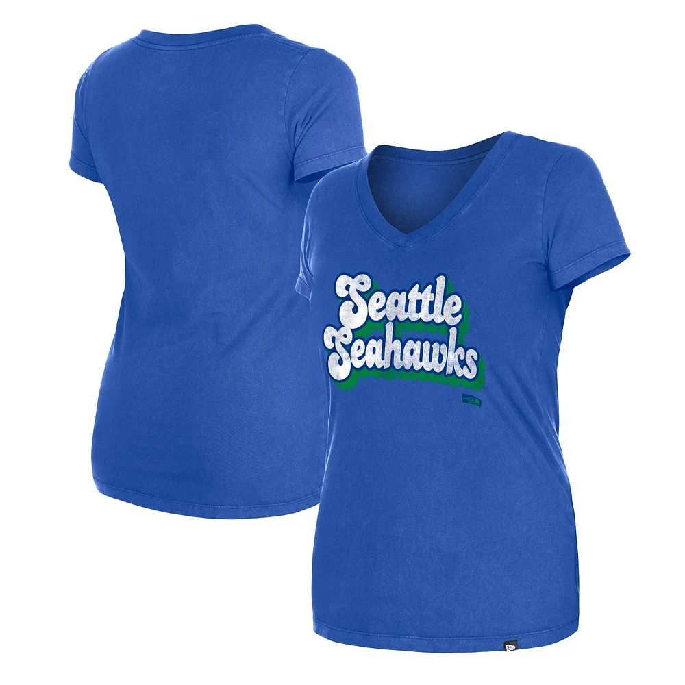 Women's New Era Royal Seattle Seahawks Enzyme Wash Low V-Neck T-Shirt