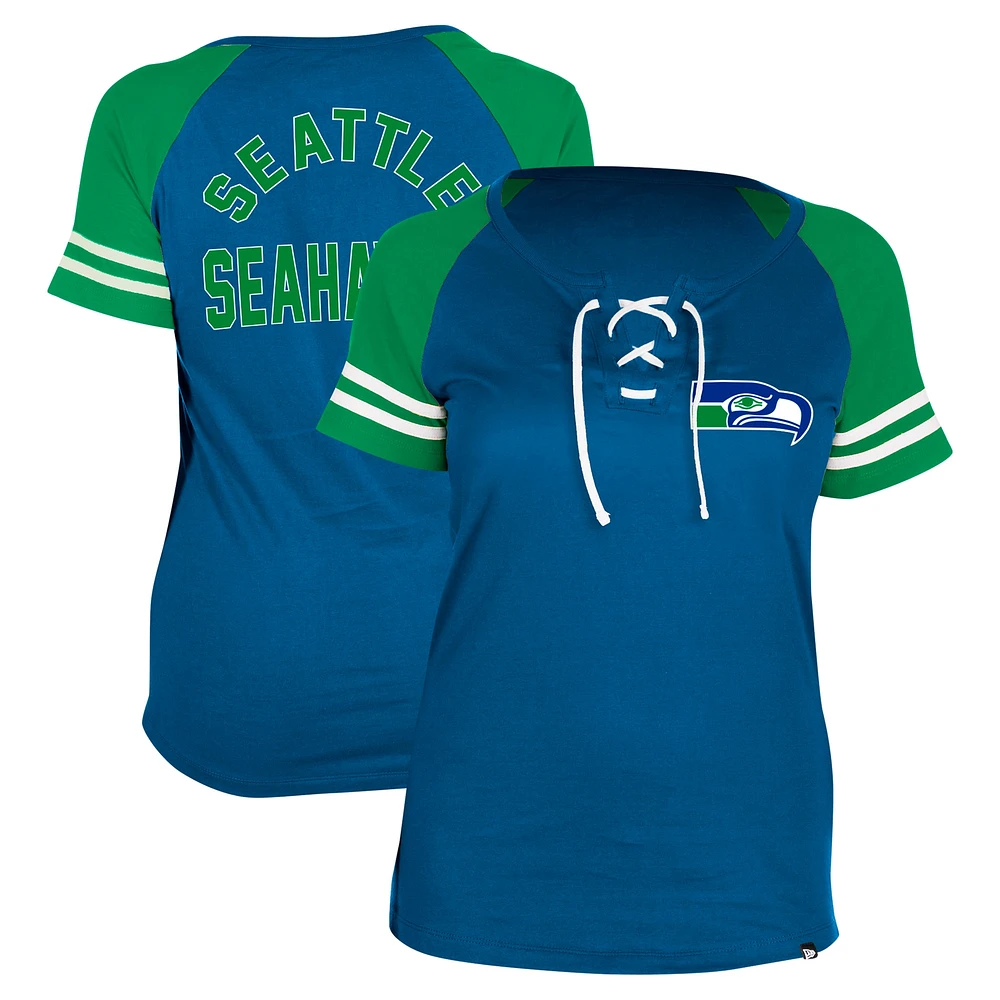 T-shirt raglan à lacets New Era Royal Seattle Seahawks Throwback pour femme