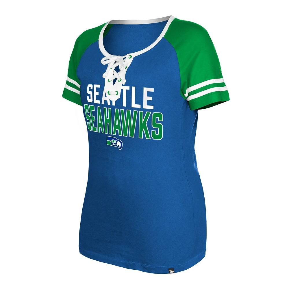 Women's New Era  Royal Seattle Seahawks Throwback Raglan Lace-Up T-Shirt