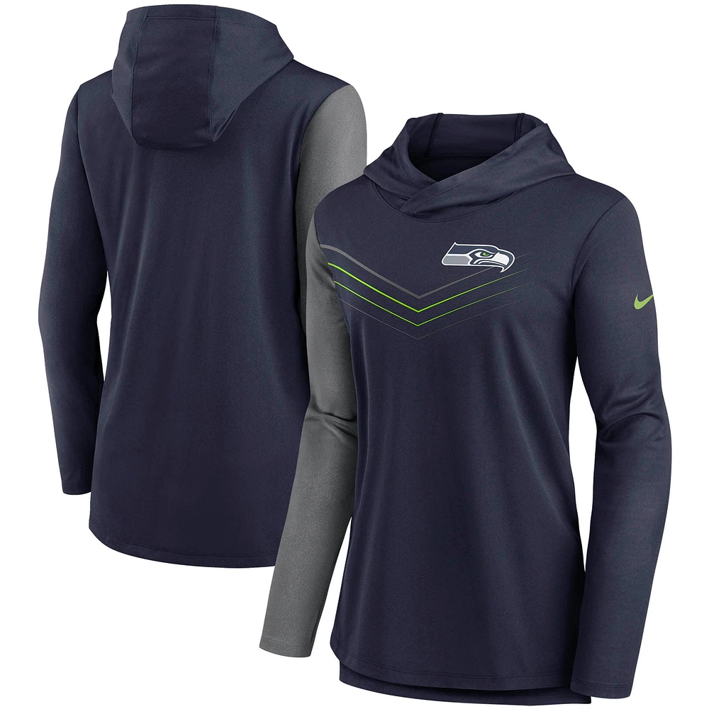 T-shirt à capuche Performance manches longues Nike College Navy/Heathered Charcoal Seattle Seahawks Chevron pour femme