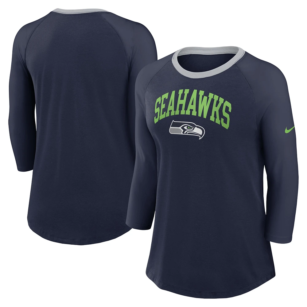 T-shirt à manches 3/4 Nike College Navy Seattle Seahawks Raglan pour femme